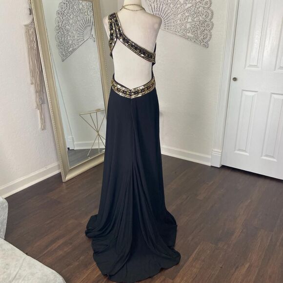Betsy & Adam Black One Shoulder Dress with Gold Accents - Picture 2 of 9